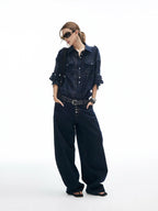 iamxiaa Button Fly Contrast Stitch Curved Cut Women's Raw Denim Wide-leg Jeans