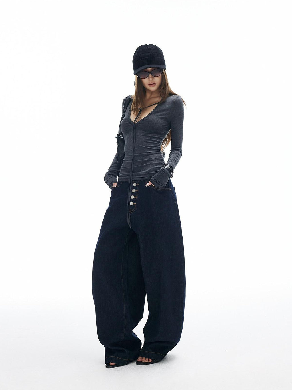iamxiaa Button Fly Contrast Stitch Curved Cut Women's Raw Denim Wide-leg Jeans