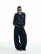 iamxiaa Button Fly Contrast Stitch Curved Cut Women's Raw Denim Wide-leg Jeans