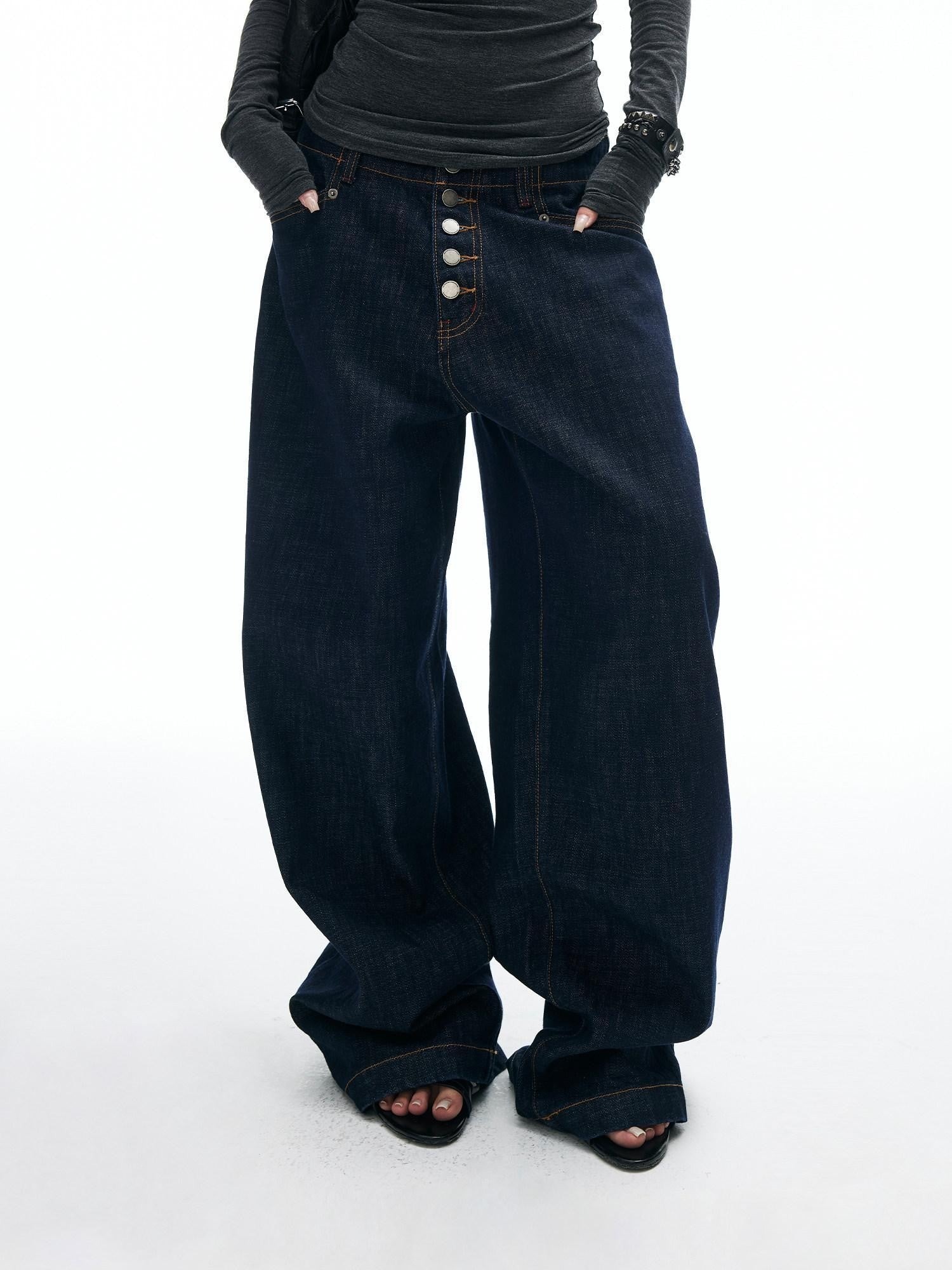 iamxiaa Button Fly Contrast Stitch Curved Cut Women's Raw Denim Wide-leg Jeans