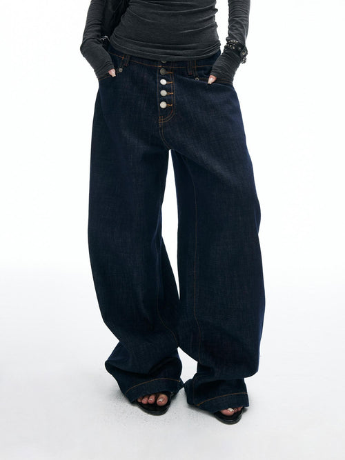 iamxiaa Button Fly Contrast Stitch Curved Cut Women's Raw Denim Wide-leg Jeans