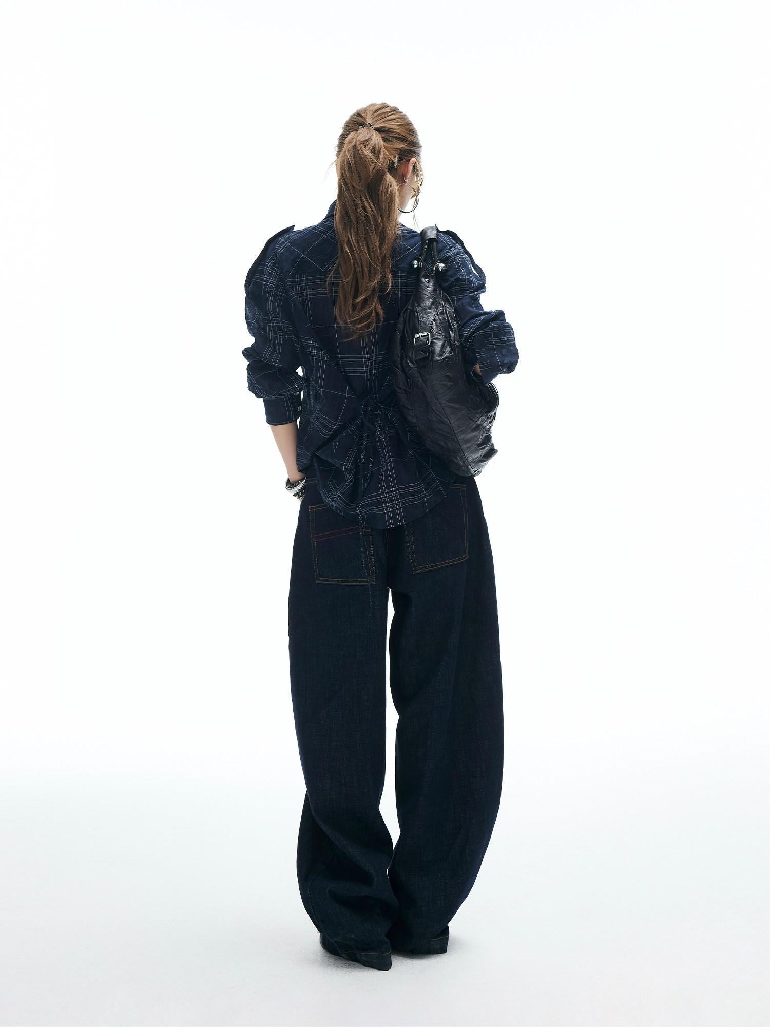 iamxiaa Button Fly Contrast Stitch Curved Cut Women's Raw Denim Wide-leg Jeans