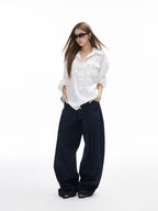 iamxiaa Button Fly Contrast Stitch Curved Cut Women's Raw Denim Wide-leg Jeans