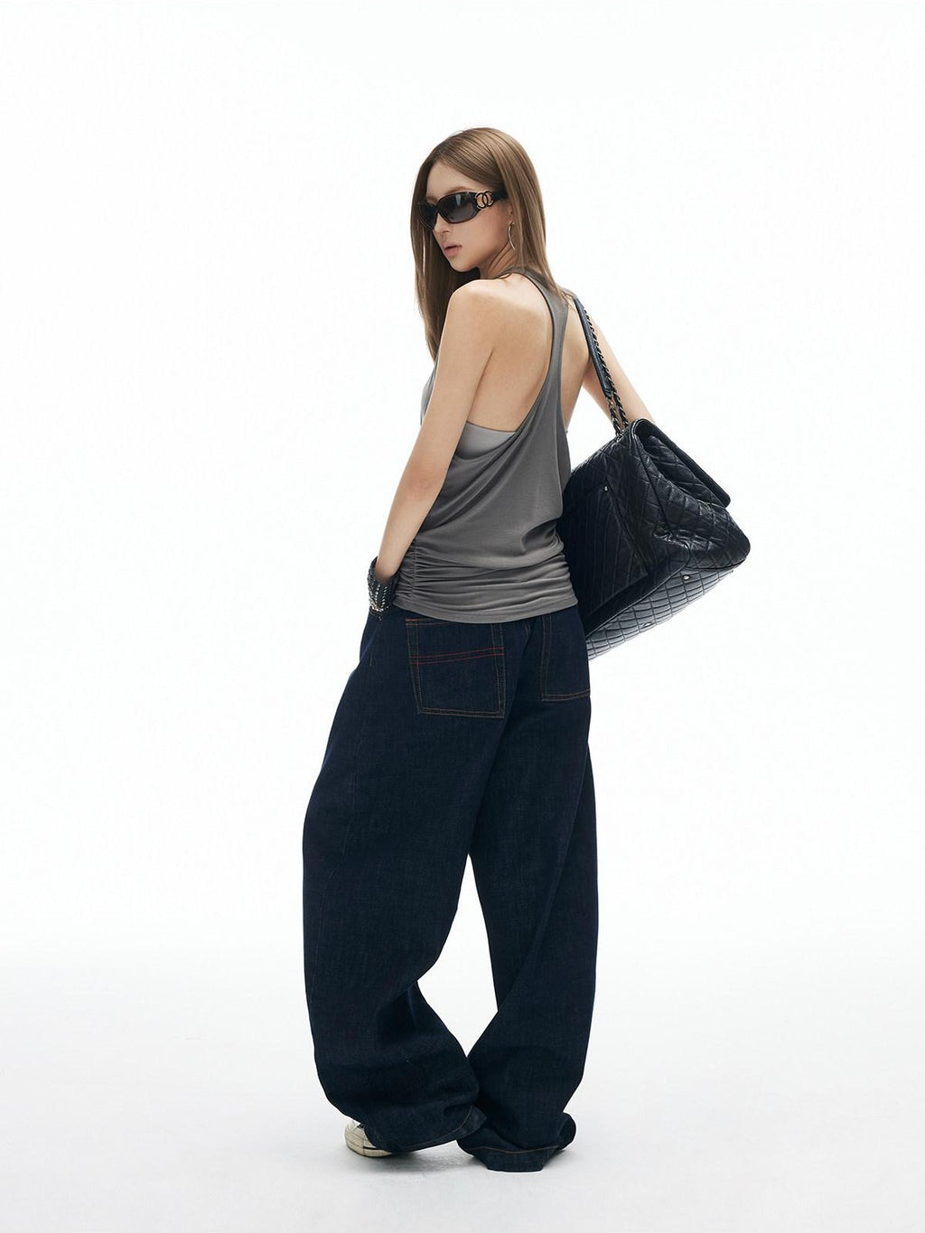 iamxiaa Button Fly Contrast Stitch Curved Cut Women's Raw Denim Wide-leg Jeans