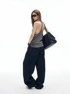 iamxiaa Button Fly Contrast Stitch Curved Cut Women's Raw Denim Wide-leg Jeans