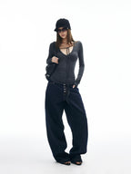 iamxiaa Button Fly Contrast Stitch Curved Cut Women's Raw Denim Wide-leg Jeans