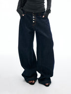 iamxiaa Button Fly Contrast Stitch Curved Cut Women's Raw Denim Wide-leg Jeans