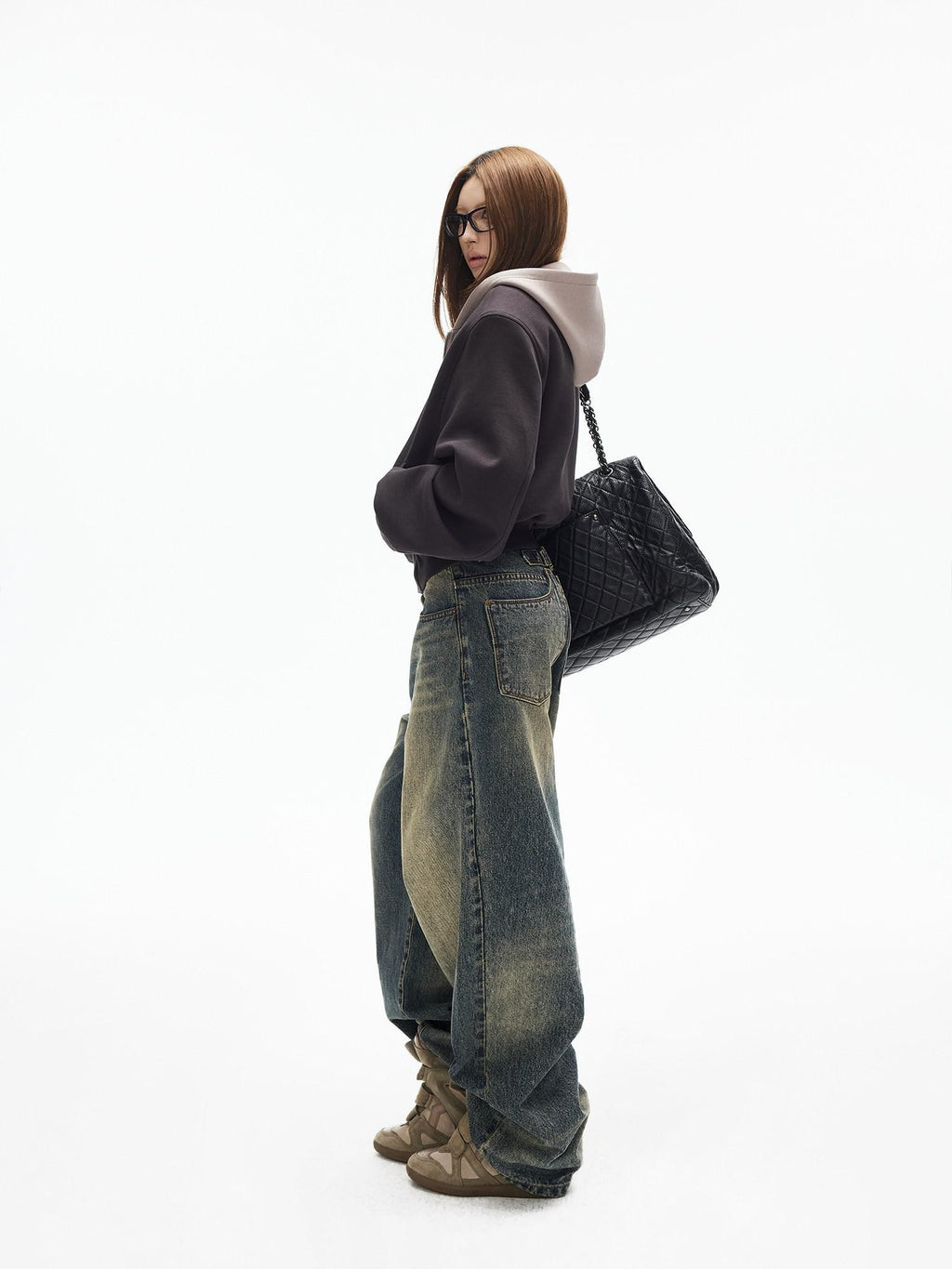iamxiaa Cement Yellow Contrast Washed Deconstructed Pockets Women's Denim Straight Jeans