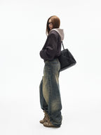 iamxiaa Cement Yellow Contrast Washed Deconstructed Pockets Women's Denim Straight Jeans