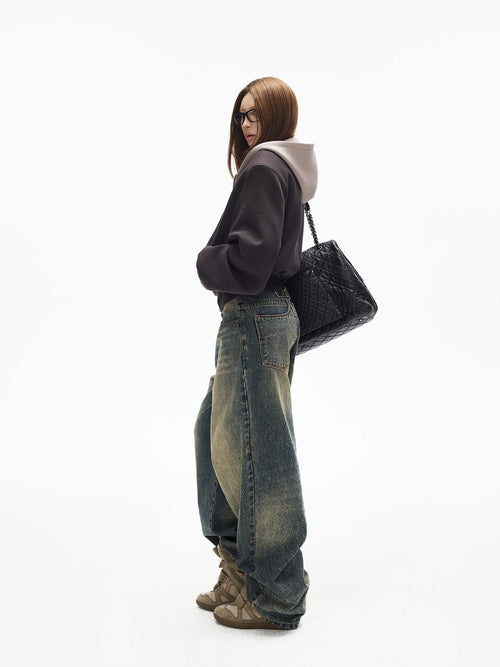 iamxiaa Cement Yellow Contrast Washed Deconstructed Pockets Women's Denim Straight Jeans