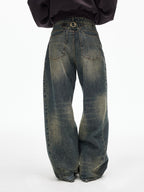 iamxiaa Cement Yellow Contrast Washed Deconstructed Pockets Women's Denim Straight Jeans