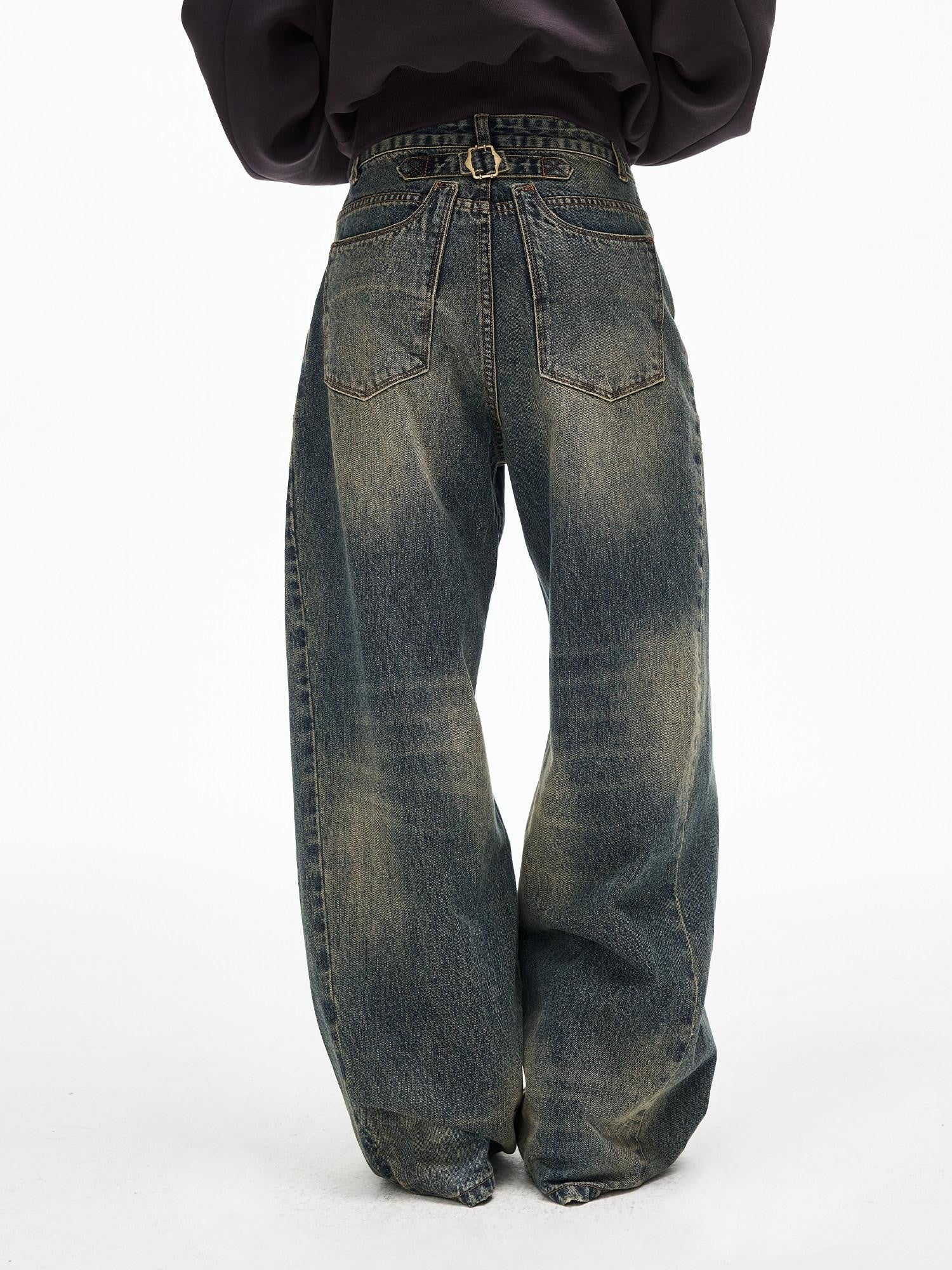 iamxiaa Cement Yellow Contrast Washed Deconstructed Pockets Women's Denim Straight Jeans