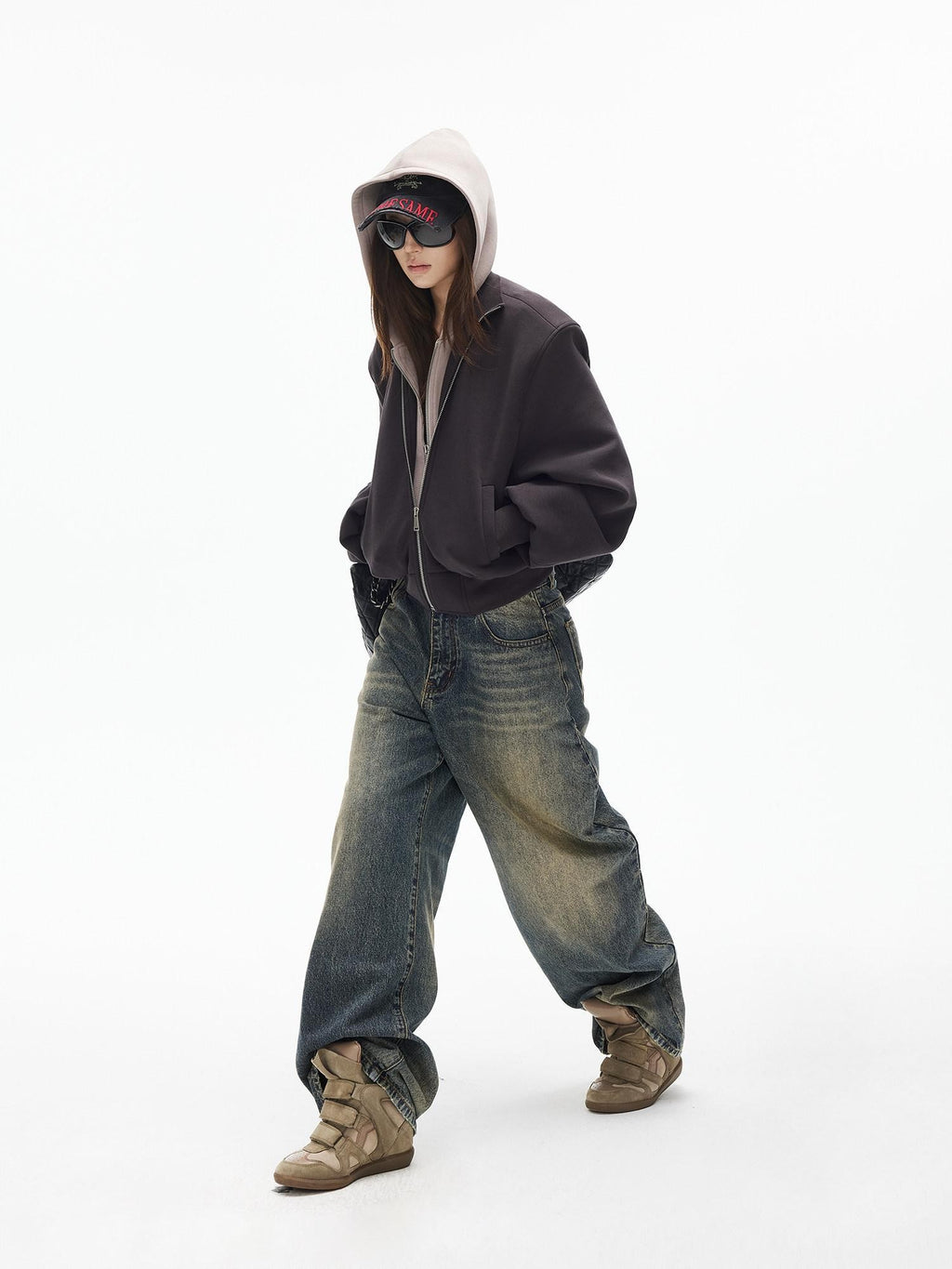 iamxiaa Cement Yellow Contrast Washed Deconstructed Pockets Women's Denim Straight Jeans