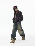 iamxiaa Cement Yellow Contrast Washed Deconstructed Pockets Women's Denim Straight Jeans