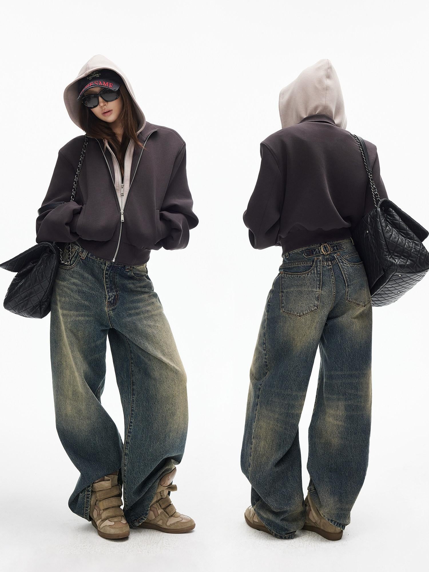 iamxiaa Cement Yellow Contrast Washed Deconstructed Pockets Women's Denim Straight Jeans