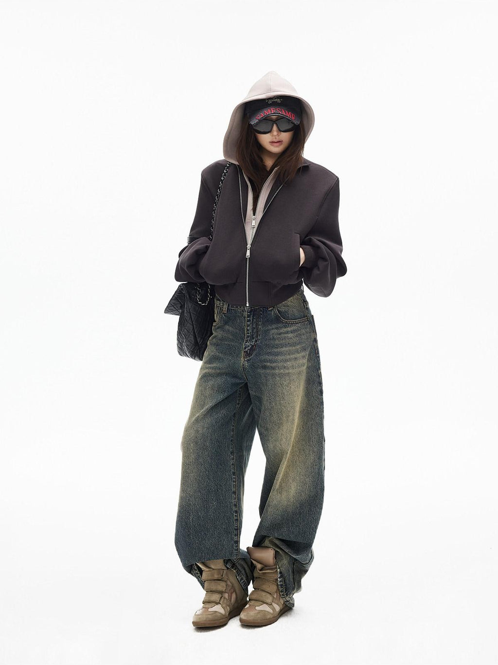 iamxiaa Cement Yellow Contrast Washed Deconstructed Pockets Women's Denim Straight Jeans