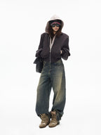 iamxiaa Cement Yellow Contrast Washed Deconstructed Pockets Women's Denim Straight Jeans
