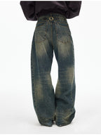 iamxiaa Cement Yellow Contrast Washed Deconstructed Pockets Women's Denim Straight Jeans