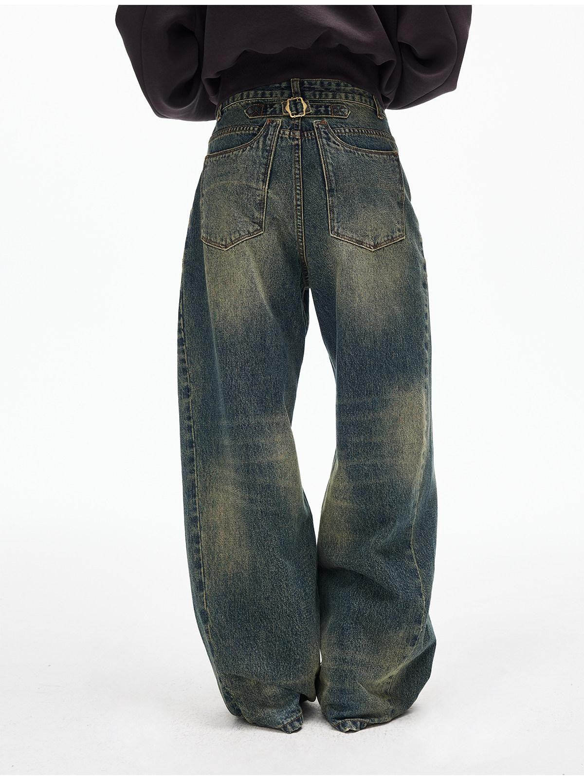 iamxiaa Cement Yellow Contrast Washed Deconstructed Pockets Women's Denim Straight Jeans