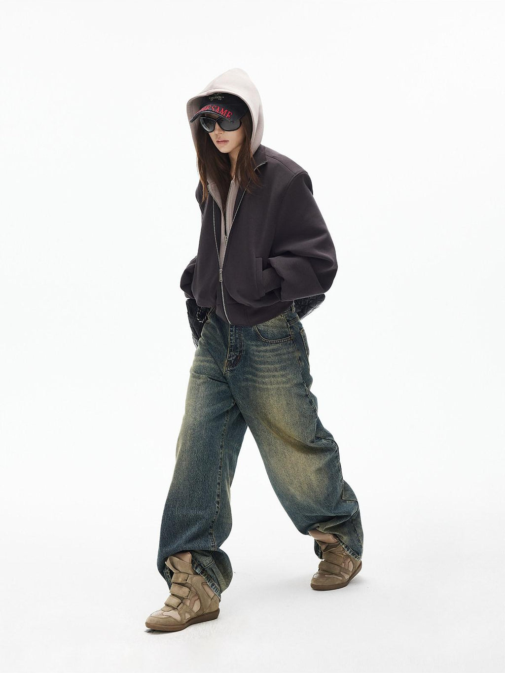 iamxiaa Cement Yellow Contrast Washed Deconstructed Pockets Women's Denim Straight Jeans
