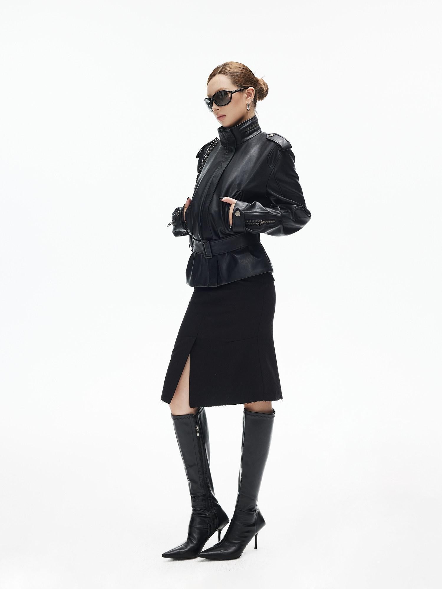 iamxiaa Center Front Slit Slimming Seamed Asymmetric Hem Women's Wool Twill Midi Skirts