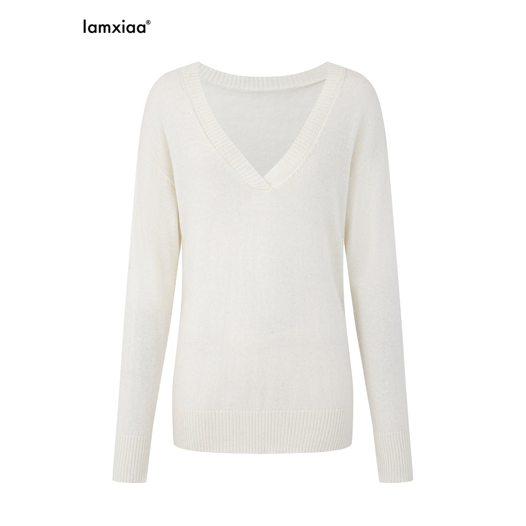 iamxiaa Classic Two Tone V-neck Drop Shoulder Relaxed Women's Elastic Spun Yarn Sweaters 1007242619446