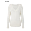 iamxiaa Classic Two Tone V-neck Drop Shoulder Relaxed Women's Elastic Spun Yarn Sweaters 1007242619446