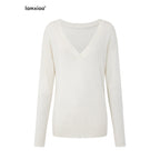 iamxiaa Classic Two Tone V-neck Drop Shoulder Relaxed Women's Elastic Spun Yarn Sweaters 1007242619446