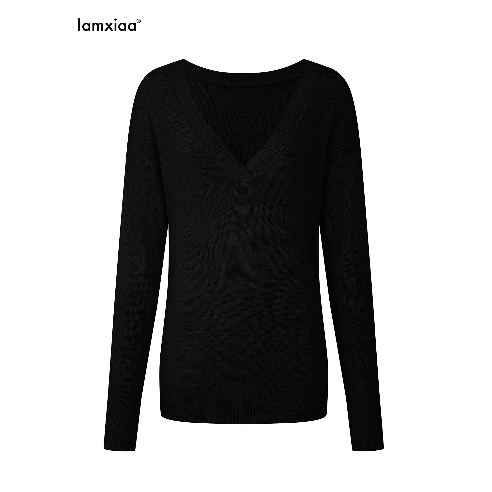 iamxiaa Classic Two Tone V-neck Drop Shoulder Relaxed Women's Elastic Spun Yarn Sweaters 1007242619446