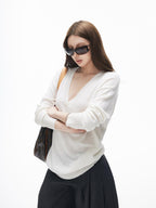iamxiaa Classic Two Tone V-neck Drop Shoulder Relaxed Women's Elastic Spun Yarn Sweaters