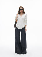 iamxiaa Classic Two Tone V-neck Drop Shoulder Relaxed Women's Elastic Spun Yarn Sweaters