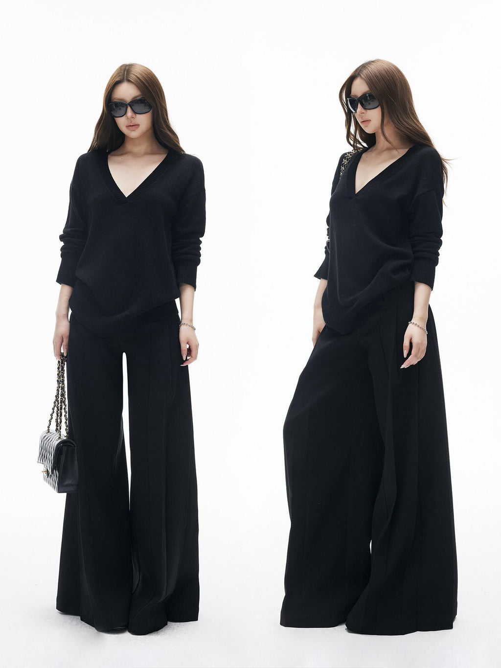 iamxiaa Classic Two Tone V-neck Drop Shoulder Relaxed Women's Elastic Spun Yarn Sweaters