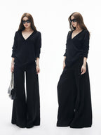 iamxiaa Classic Two Tone V-neck Drop Shoulder Relaxed Women's Elastic Spun Yarn Sweaters
