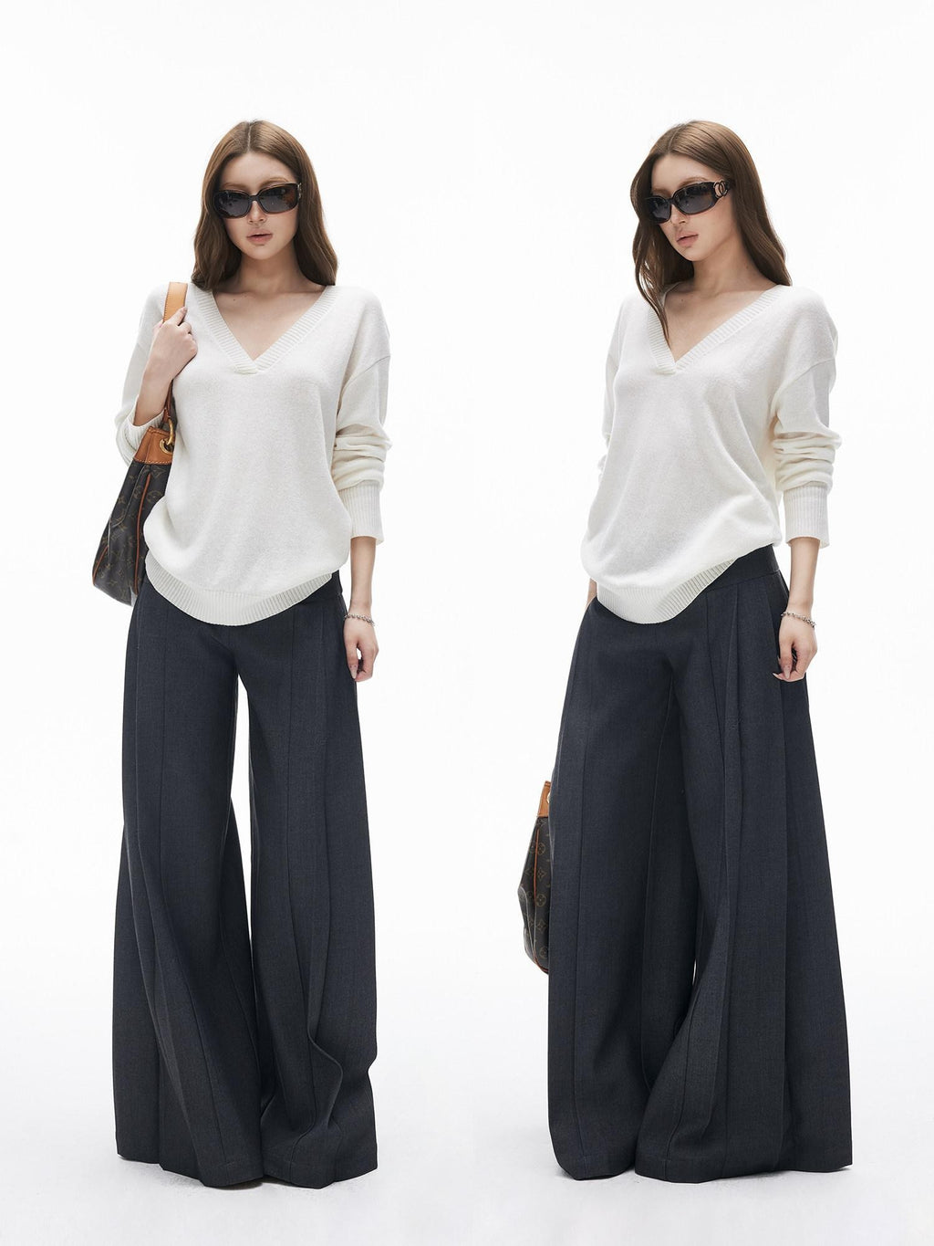 iamxiaa Classic Two Tone V-neck Drop Shoulder Relaxed Women's Elastic Spun Yarn Sweaters