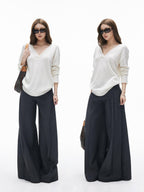 iamxiaa Classic Two Tone V-neck Drop Shoulder Relaxed Women's Elastic Spun Yarn Sweaters
