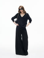 iamxiaa Classic Two Tone V-neck Drop Shoulder Relaxed Women's Elastic Spun Yarn Sweaters