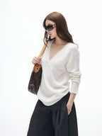 iamxiaa Classic Two Tone V-neck Drop Shoulder Relaxed Women's Elastic Spun Yarn Sweaters