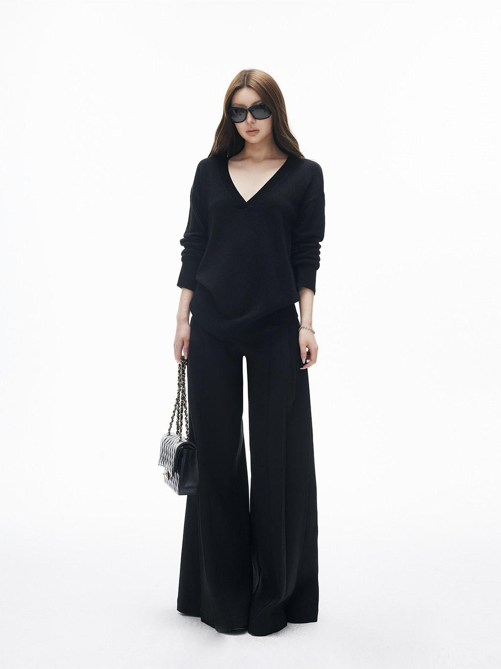 iamxiaa Classic Two Tone V-neck Drop Shoulder Relaxed Women's Elastic Spun Yarn Sweaters