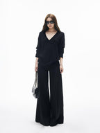 iamxiaa Classic Two Tone V-neck Drop Shoulder Relaxed Women's Elastic Spun Yarn Sweaters
