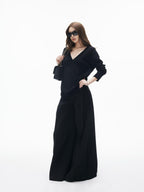 iamxiaa Classic Two Tone V-neck Drop Shoulder Relaxed Women's Elastic Spun Yarn Sweaters