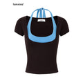 iamxiaa Coffee Blue U Neck Padded Cami 2pc Women's Lyocell Short Sleeve T-shirts 1046585754461