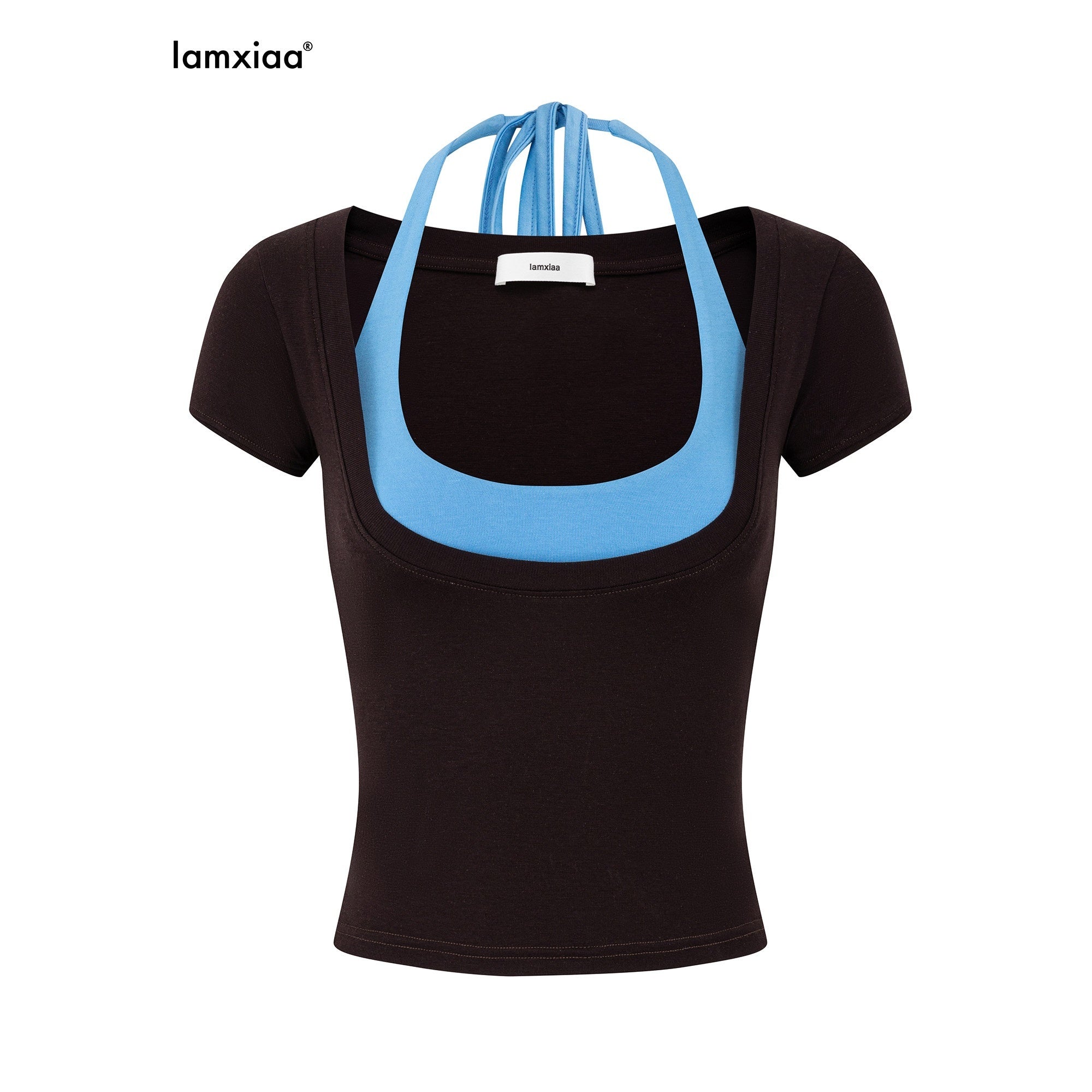 iamxiaa Coffee Blue U Neck Padded Cami 2pc Women's Lyocell Short Sleeve T-shirts 1046585754461