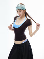 iamxiaa Coffee Blue U Neck Padded Cami 2pc Women's Lyocell Short Sleeve T-shirts