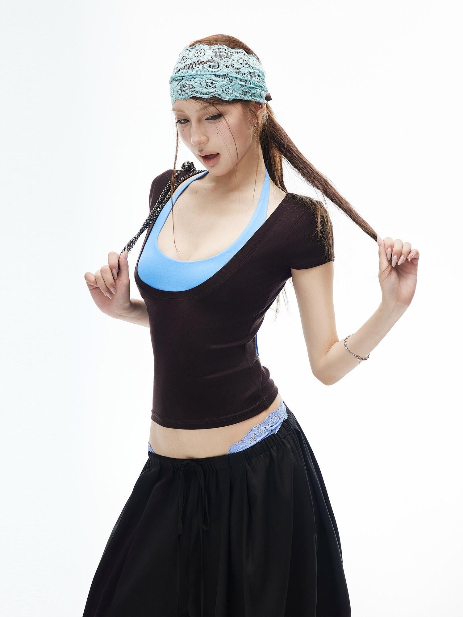 iamxiaa Coffee Blue U Neck Padded Cami 2pc Women's Lyocell Short Sleeve T-shirts
