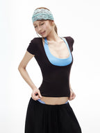 iamxiaa Coffee Blue U Neck Padded Cami 2pc Women's Lyocell Short Sleeve T-shirts