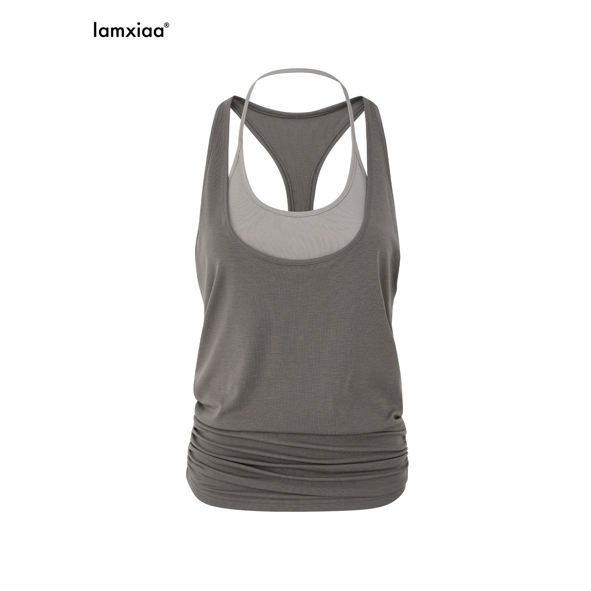 iamxiaa Colorblock Double Layer Faux Two Piece Ruched Halter Women's Lyocell Tank Tops 949801403337