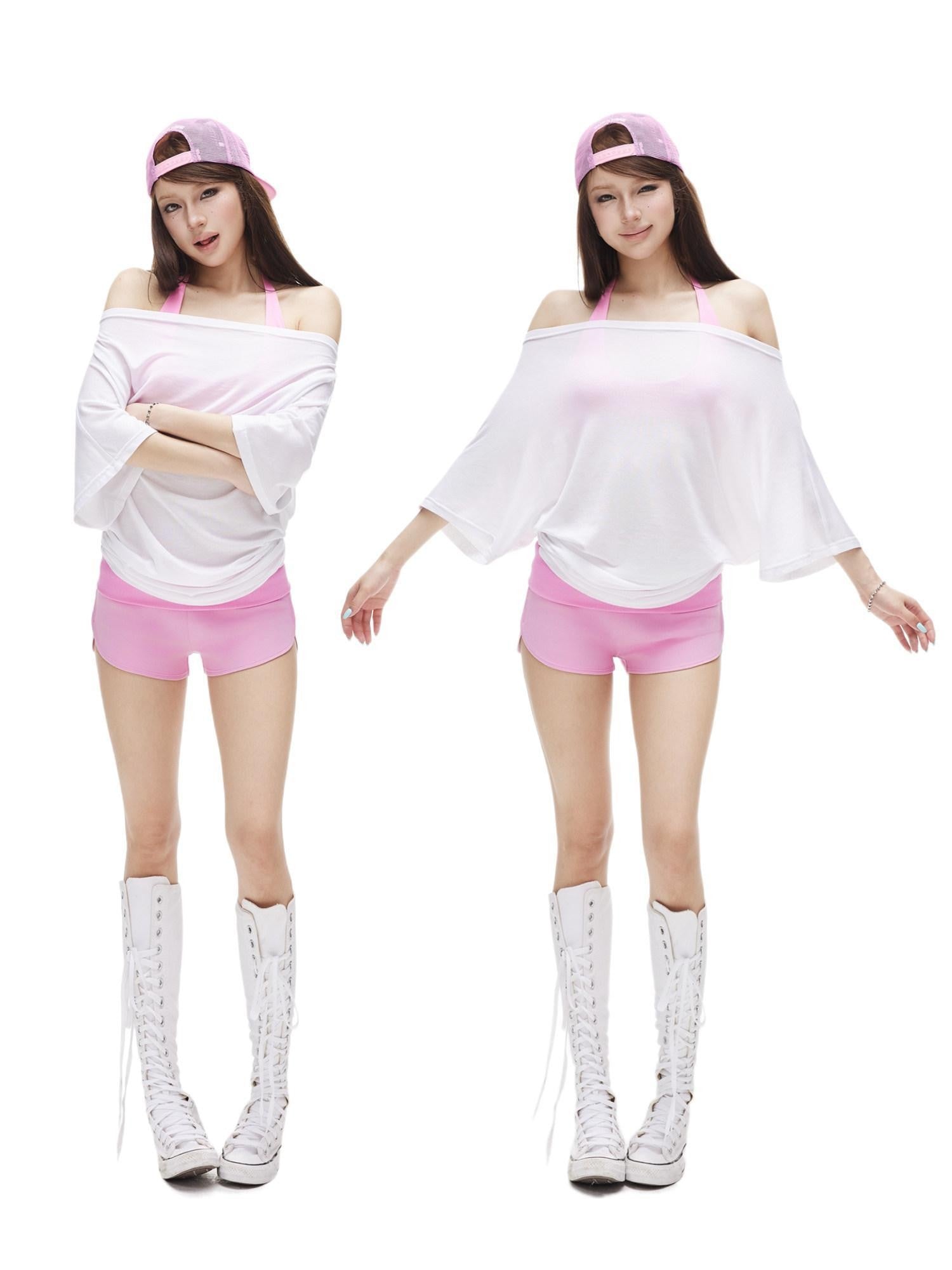 iamxiaa Convertible Off Shoulder Sheer Women's Lyocell Short Sleeve T-shirts