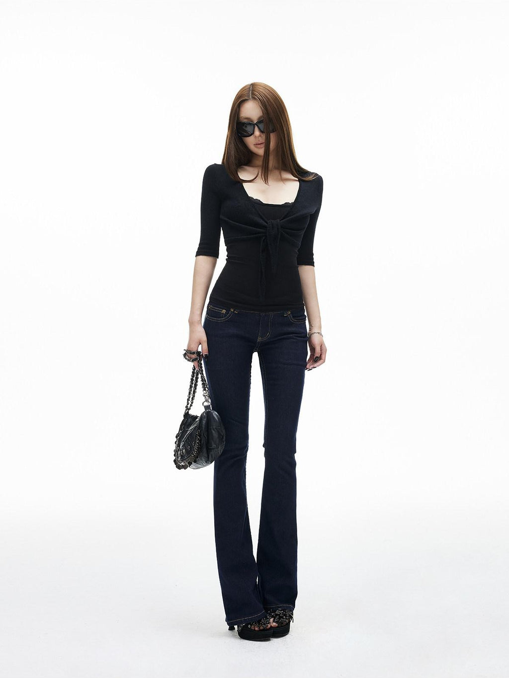 iamxiaa Cropped Waist Cutout V-neck Open Front Stretch Knit Women's Silk Wool Cardigans
