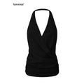 iamxiaa Cross Front Low V Halter Backless Ruched Slimming Women's Camisoles 936478233356
