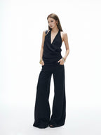 iamxiaa Cross Front Low V Halter Backless Ruched Slimming Women's Camisoles